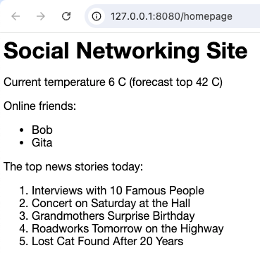 Screen shot of a browser webpage showing the simple output of the queries and the current temperature.