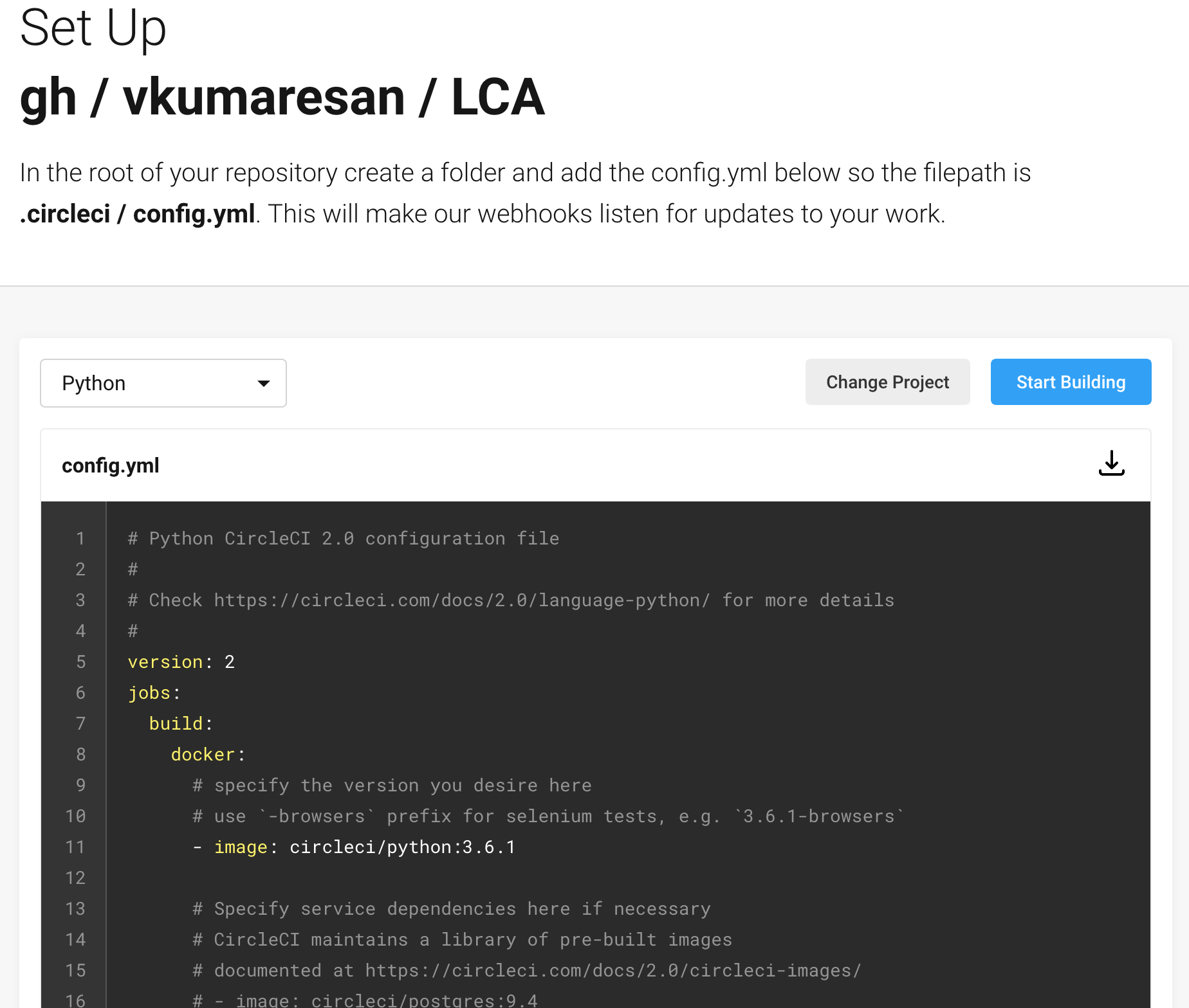 Setting up a Python config.yml file and downloading it for use in a project repository.