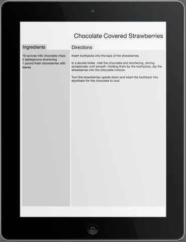 An electronic device displaying the recipe from the Chocolate Cookbook eBook for Chocolate Covered Strawberries