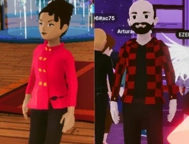 Avatar of a woman wearing a red blazer next to avatar of a man wearing a red and black plaid shirt.