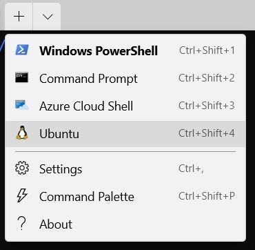 Dropdown menu in Windows Terminal showing how to open Ubuntu