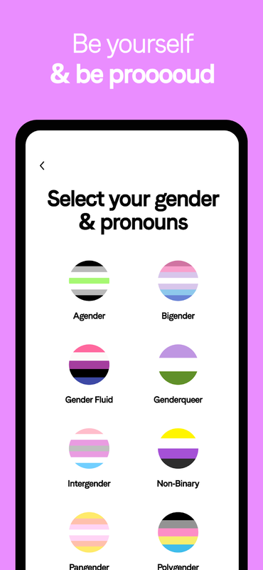 Screen “Select your gender and pronouns”, with 8+ choices: agender, bigender, gender fluid, genderqueer, intergender, non-binary, pangender, polygender.