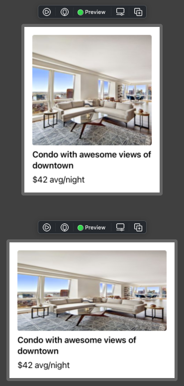 SwiftUI Preview showing the card image skewed when resized.