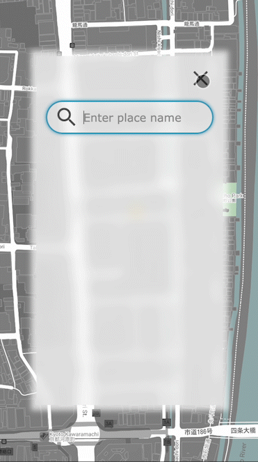 A popup is initially shown above Google Maps. After the user presses the close button at its top-right corner, a ripple erases the popup and reveals the map beneath from top right to bottom left.