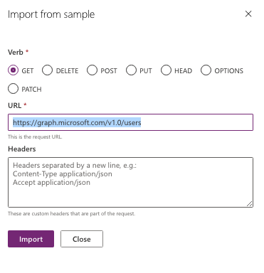 Create custom connector in Power Apps environment, Action Request sample step  — Cloudatica example