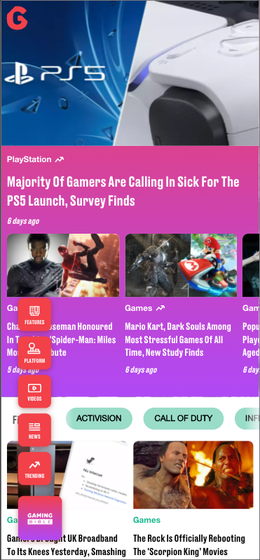 gamingbible.co.uk, on a mobile device, with the menu open