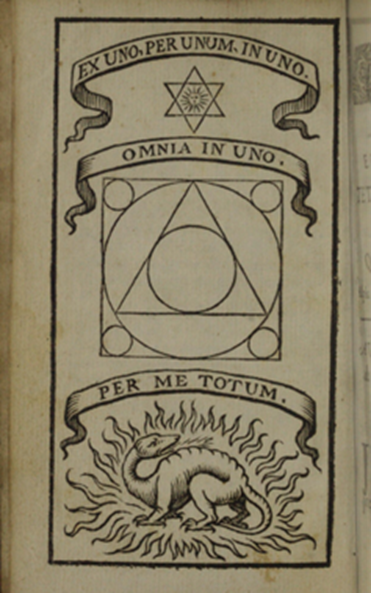 Plain printed image on page of rare book with banners, a geometric ornament and a salamander within flames.
