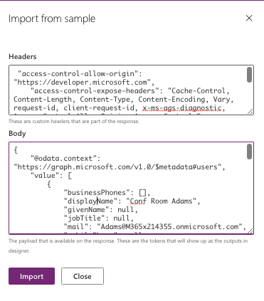 Create custom connector in Power Apps environment, Response sample step— Cloudatica example