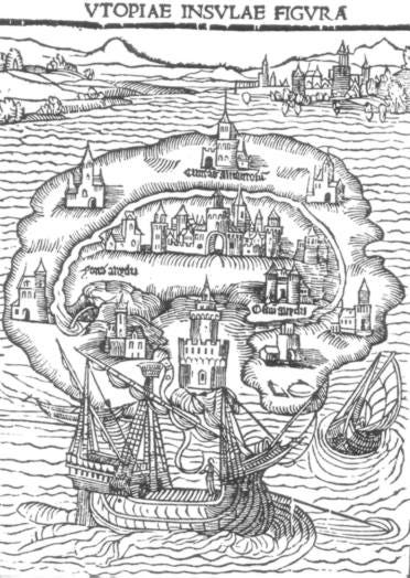 A black and white illustration from UTOPIA of a boat sailing around an island with several castles on it.