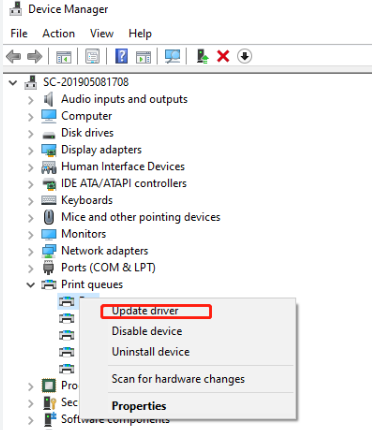 update driver option in device manager