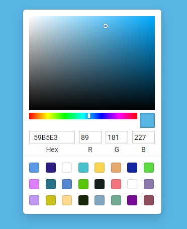 A screenshot of a web application is shown with a color picker interface shown with lots of preset colors as well.