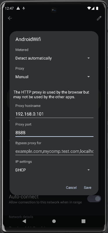 Proxy is being set to Manual and Proxy host name as Local IP address and Port is 8888.