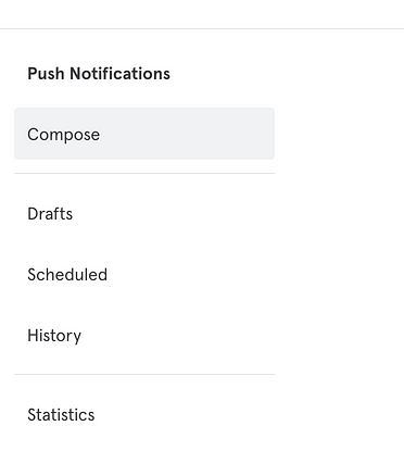 A screenshot of the Aiir UI showing a menu titled “Push Notifications”. There are 5 options: Compose (which appears highlighted in a grey box), Drafts, Scheduled, History and Statistics.