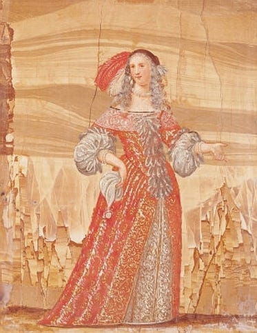 A drawing of a 17th-century woman onstage and wearing an opulent red gown