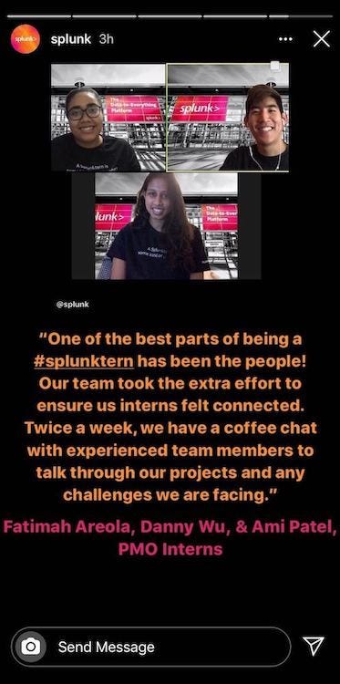 PMO Interns (Ami, Danny, Fatimah) featured on Splunk’s Instagram Story.