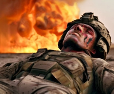 Unconscious soldier in front of flaming aftermath of mine explosion