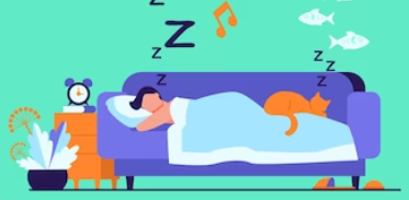 Cartoon image of a person laying on a blue couch, asleep, covered with a light-blue blanket, with a yellow cat asleep on their legs.