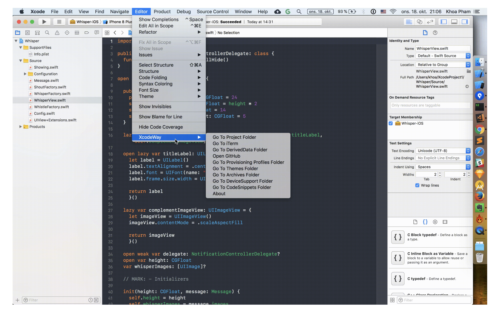 XcodeWay works by creating a menu under Editor with lots of options to navigate to other places right from Xcode. It looks simple but there was some hard work required.