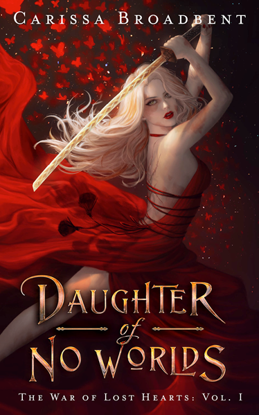 The cover of “Daughter of No Worlds,” which features a woman with vitligo, long white hair, and a bright red dress. She holds a sword in her hands in an action pose.