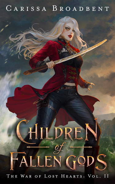 The cover of “Children of Fallen Gods,” which features a young woman with vitiligo and long white hair, outdoors on a rolling hill with a sword in her hands.