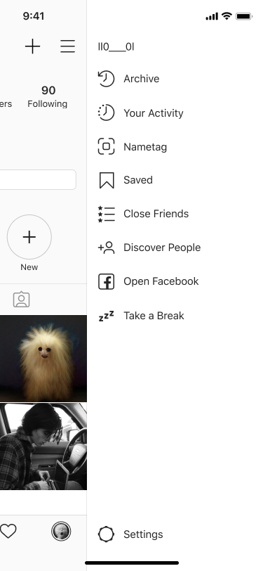 A screenshot of a mockup I had where the “Take a Break” feature is nested inside of the main Instagram Menu