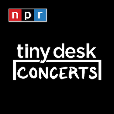 On a black background with the NPR logo in the top left, the podcast title is written in white (with “concerts” under a desk)