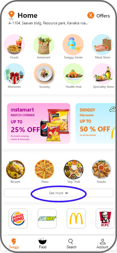 See more and see less buttons to segregate multiple options available in swiggy