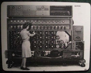 Joan Clarke with the machine that broke the Enigma ‘Bombe’