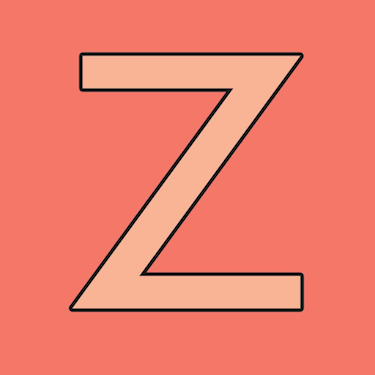 On a salmon colored background, a capital Z is written in coral and outlined in black