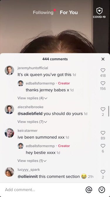 Image of @EdBallsFormerMP comment section on TikTok. Comments are by other MP parody accounts such as Jeremy Hunt and Tony Blair