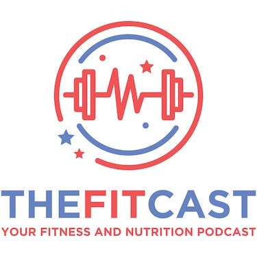 In a red circle, a barbell with a soundwave for a handle. Below it, the podcast title in blue (with FIT in red)