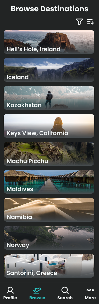 The Browse Destinations screen for the Wayfarer mobile app