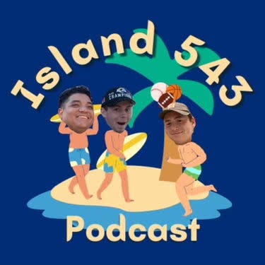 3 cartoon figures stand on a tiny island with human faces titled “Island 543” on top and “Podcast” below.