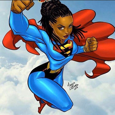 Brown skinned superwoman with braids, wearing a cape and flying with power amongst the clouds