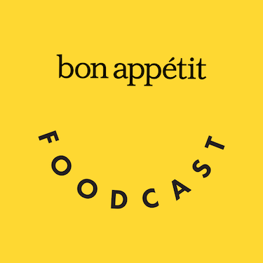 Over a yellow background, bon appetit is written about 1/3 of the way down, with “foodcast” written underneath as a smile