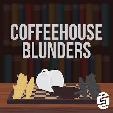 On a bookshelf background, a chessboard with a mug of coffee spilled over it sits on a wooden table. Podcast title across top