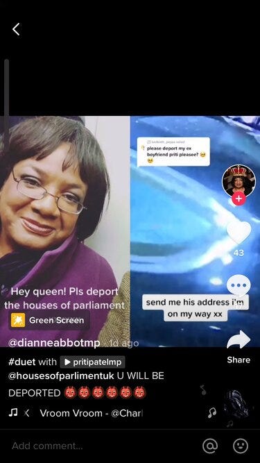 A TikTok duet of @PritiPatelMP’s Charli XCX video, by @DianneAbbottMP, asking her to deport the Houses of Parliament