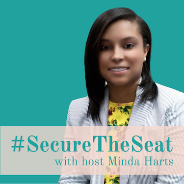 Host Minda Harts sits to the right of the frame with a teal background, with her podcast title written in teal over it