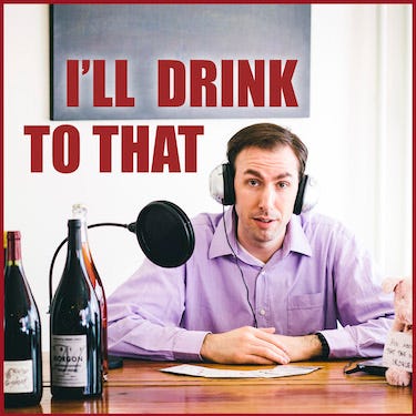 Male host in purple button-down sits to the right of multiple bottles of wine, with the podcast title above him in dark red