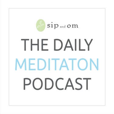 Podcast title, with meditation in sky blue, over a white background. Above the words, the network name and logo: Sip and Om.