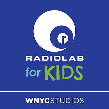 On a royal blue background sits the Radiolab logo and text. Below it, in light blue and green, read the words “for KIDS”