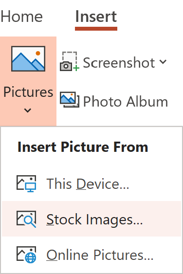 Screenshot of Insert Pictures dropdown menu