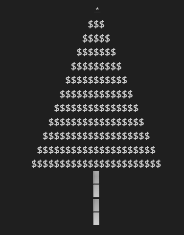 A bigger Christmas Tree ASCII art with unique Christmas Star, leaf, and trunk patterns