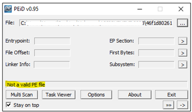 PEiD tool Screenshot which tells that the PE file is not valid.
