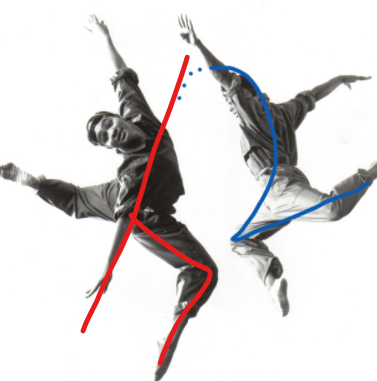 A black and white photograph of two dancers with arms and legs outspread in midair, one facing the camera and the other facing away on a white background. Superimposed on their bodies are a red lower case “h” and a blue “2” that mimic their body shapes.