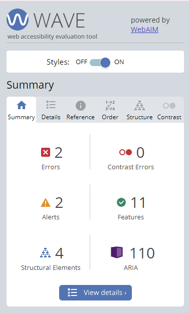 Apontamentos de acessibilidade do plugin WAVE.