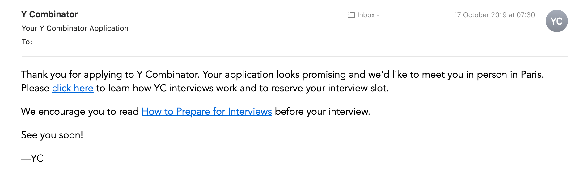 Invitation to the interview.