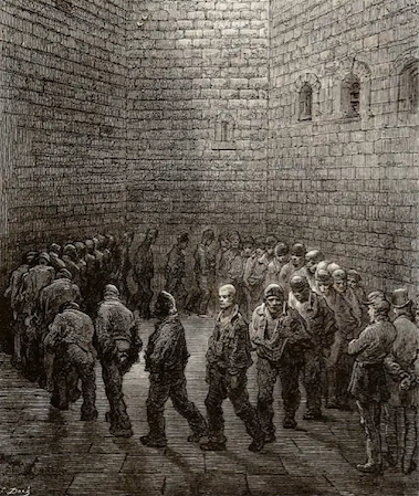 Black/White lithography of a prison, with high brick walls and prisoners circling the yard, while guards watch them.