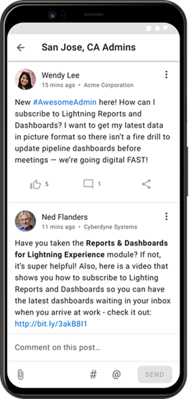 Mobile device showing a Community feed of questions and answers within the Trailhead GO app.
