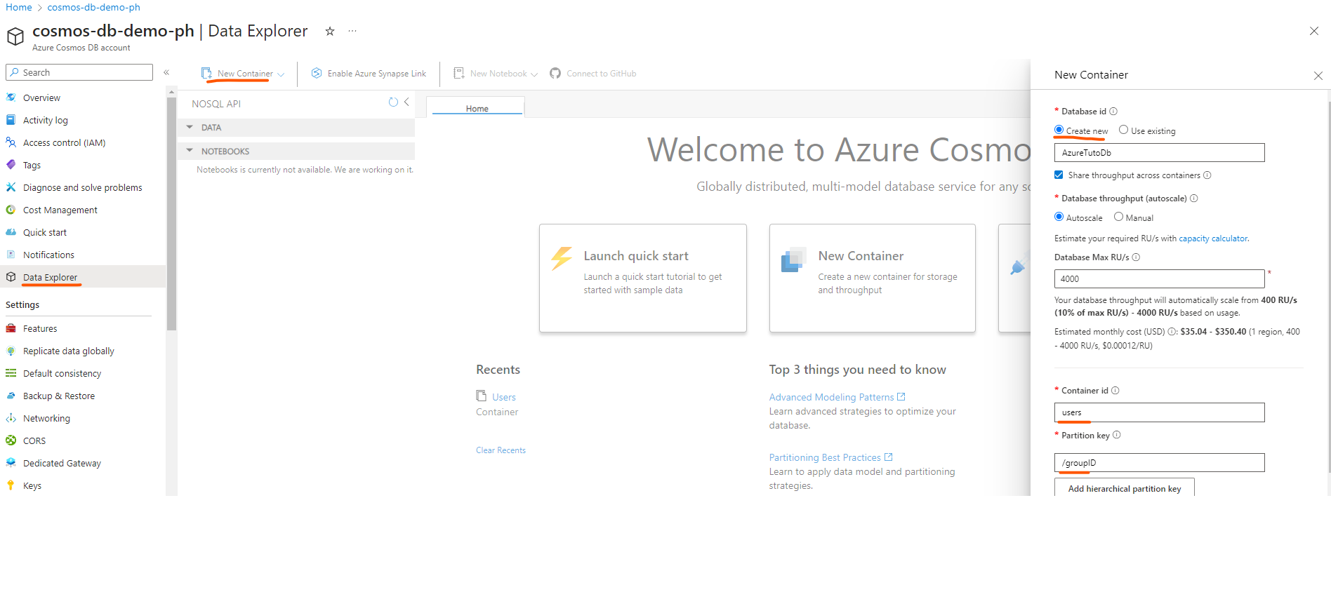 Create Cosmos DB container from Data Explrer